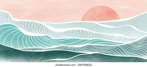 Pintura moderna creativa y minimalista e impresión de arte en línea. Resumen de la ola oceánica y paisajes estéticos contemporáneos de montaña. con el mar, el horizonte, la ola. ilustraciones vectoriales