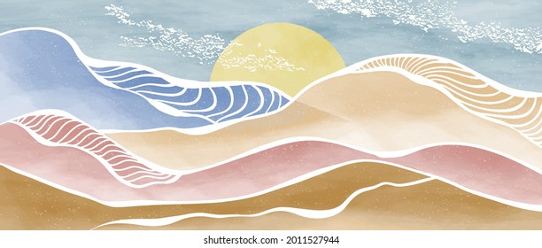 Creative minimalist modern paint and line art print. Abstract ocean wave and mountain contemporary aesthetic backgrounds landscapes. with sea, skyline, wave. vector illustrations