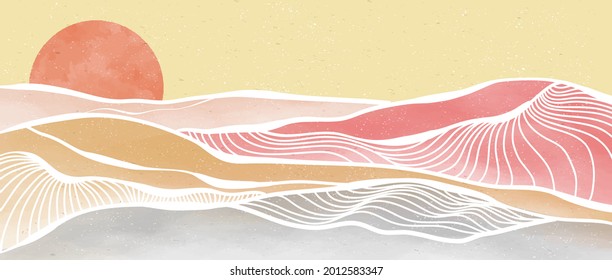 Creative minimalist modern paint and line art print. Abstract ocean wave and mountain contemporary aesthetic backgrounds landscapes. with sea, skyline, wave. vector illustrations