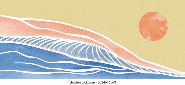 Creative minimalist modern paint and line art print. Abstract ocean wave and mountain contemporary aesthetic backgrounds landscapes. with sea, skyline, wave. vector illustrations