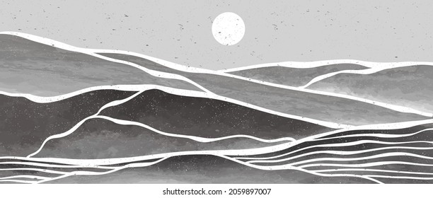 Creative minimalist modern paint and line art print. Abstract ocean wave and mountain contemporary aesthetic backgrounds landscapes. black and white. vector illustrations