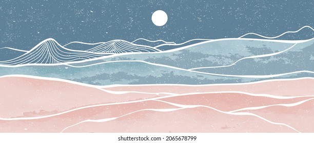 Creative Minimalist Modern Paint And Line Art Print. Abstract Ocean Wave And Mountain Contemporary Aesthetic Backgrounds Landscapes. With Sea, Skyline, Wave. Vector Illustrations