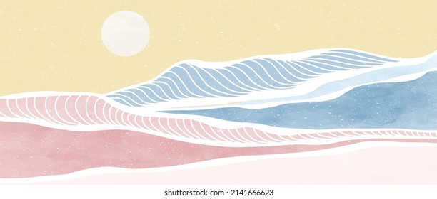 Creative minimalist modern paint and line art print. Abstract ocean wave and mountain contemporary aesthetic backgrounds landscapes. with sea, skyline, wave. vector illustrations