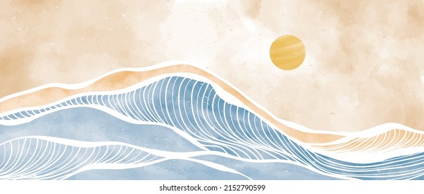 Creative minimalist modern paint and line art print. Abstract ocean wave contemporary aesthetic backgrounds landscapes. with sea, skyline, wave. vector illustrations