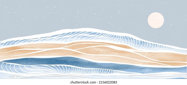 Creative minimalist modern paint and line art print. Abstract ocean wave and mountain contemporary aesthetic backgrounds landscapes. with sea, skyline, wave. vector illustrations