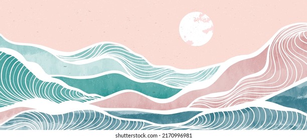 Pintura moderna creativa y minimalista e impresión de arte en línea. Resumen de la ola oceánica y paisajes estéticos contemporáneos de montaña. con el mar, el horizonte, la ola. ilustraciones vectoriales