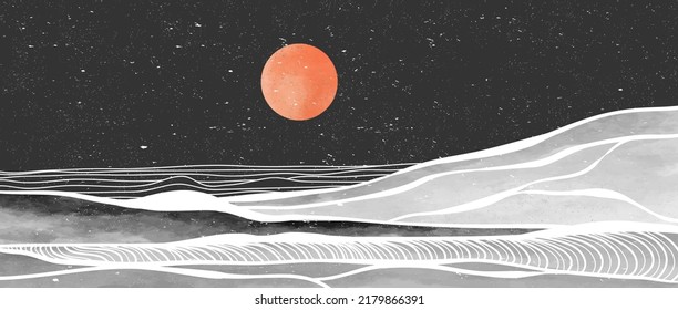 Creative minimalist modern paint and line art print. Abstract ocean wave and mountain contemporary aesthetic backgrounds landscapes. black and white. vector illustrations