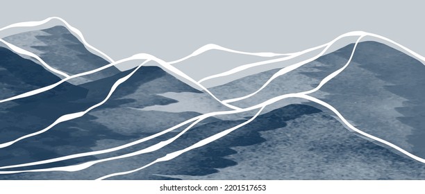 Kreative minimalistische, moderne Farben und Linien-Kunstdrucke. Abstrakte Landschaften mit zeitgenössischem ästhetischem Hintergrund in den Bergen. mit Berg, Hügel, Wald, Skyline. Vektorgrafiken