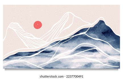 Pintura moderna creativa y minimalista e impresión de arte en línea. Resumen de paisajes estéticos contemporáneos de montaña. con montaña, colina, bosque, sol. ilustraciones vectoriales