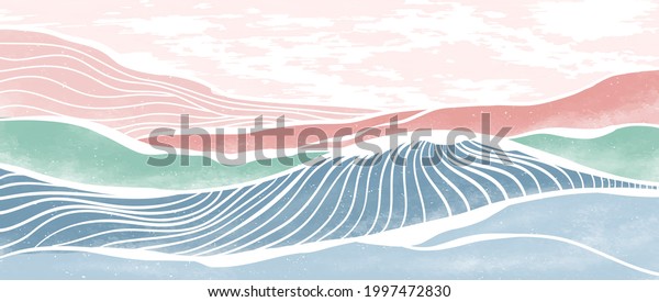 Creative minimalist modern paint and line art print. Abstract ocean wave and mountain contemporary aesthetic backgrounds landscapes. with sea, skyline, wave. vector illustrations.