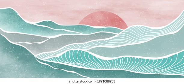 Creative minimalist modern painting and line art print. Abstract ocean wave and mountain contemporary aesthetic backgrounds landscapes. with sea, skyline, wave. vector illustrations