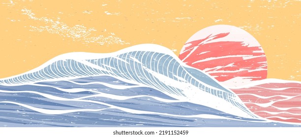 Creative Minimalist Modern Painting And Line Art Print. Abstract Contemporary Aesthetic Backgrounds Landscapes. With  Ocean Wave, Sea, Skyline. Vector Illustrations