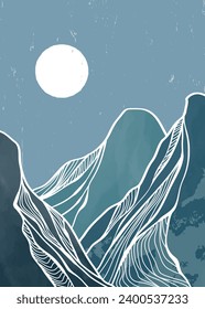 Pintura moderna y minimalista creativa e impresión de arte lineal. Resumen de paisajes estéticos contemporáneos de montaña. con la montaña, las colinas y la luna. ilustraciones vectoriales