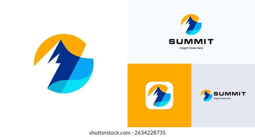 Creative minimalist mountain peak with vibrant colorful, logo icon design vector, Modern symbol emblem summit sign stylized blue with yellow circle for adventure, brand identity and business company