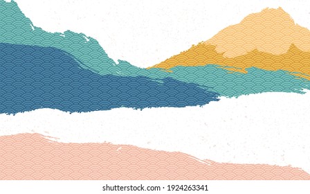 Creative minimalist natural landscape background, Nature mountain landscape painting with Japanese wave pattern vector. Mountain hills in Asian poster design with oriental style.