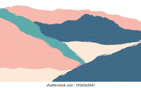 Creative minimalist natural landscape background, Nature mountain landscape painting with Japanese wave pattern vector. Mountain hills in Asian poster design with oriental style.