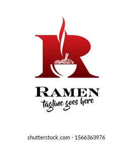 A creative and minimalist vector logo for a ramen business. The design features a bold red letter "R" monogram where the negative space forms a steaming bowl of ramen with chopsticks. This professional graphic utilizes a sleek red-to-dark-red gradient, making it ideal for Japanese noodle bars, authentic ramen shops, food delivery apps, and oriental culinary branding.