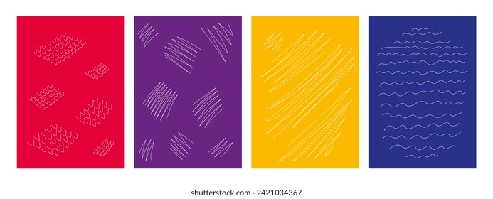 Creative minimalistic abstract art posters on colored backgrounds in doodle style. Design for wall decoration, postcard, poster or brochure.