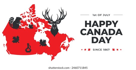 Kreatives minimalistisches Banner-Design, Happy Canada Day. Rote Karte mit Kanada-Symbolen Ahornsirup, Biber, Blatt, Elch. In: Canada Day Illustration. Festliche Musik Einladungsdesign. Geometrischer trendiger Linocut-Stil