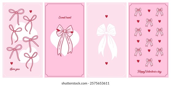Creative minimalistic concept of Happy Valentines Day cards set. Modern abstract art design with hearts and satin bows. Vector hand drawn Templates for celebration, ads, branding, banner, cover, label