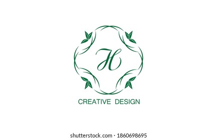 Creative minimalistic floral logo with the letter H on a white background. Exquisite monogram template, invitation, postcard, restaurant, boutique, cafe.