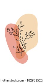 Creative minimalistic hand-drawn illustrations with decorative branches, leaves and abstract color spots. For postcard, poster, brochure, cover design and social media.