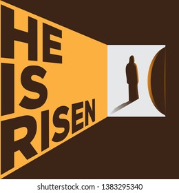 Creative minimalistic Holy week easter poster. Easter christian vector invitation to an Easter Sunday service with text He is risen, Jesus silhouette and rolled away from the tomb stone of Calvary