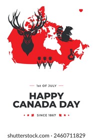 Creative minimalistic poster design, Happy Canada day. Red map with Canada symbols Maple syrup, beaver, leaf, elk. Canada Day illustration. Holiday Invitation Design. Geometrical trendy linocut style