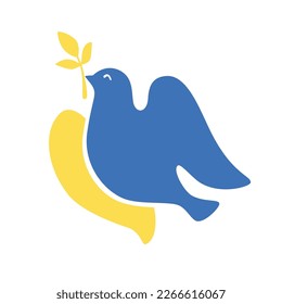 Creative minimalistic simple flat illustration of cartoon dove bird with a laurel branch in beak in yellow and blue patriotic colors isolated on white background for graphic design.