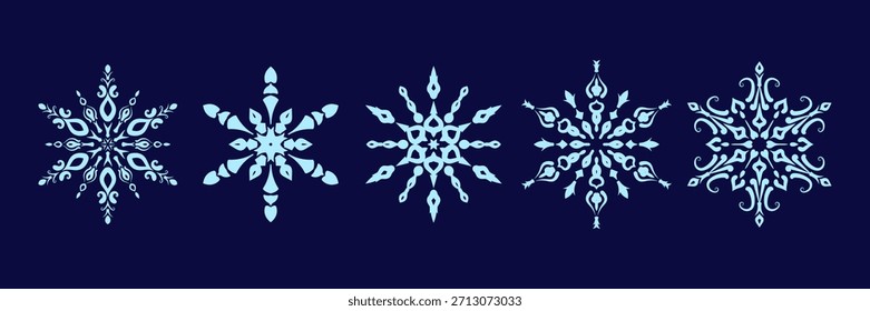 Creative minimalistic snowflakes collection. Hand drawn style Festive winter holiday snow decorations for Christmas and New Year. Flat snow flakes set.