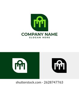 Creative MM monogram logo inside a rounded green leaf shape, symbolizing sustainability and growth. Includes white and black versions for use in eco branding, agriculture, or green business identity.