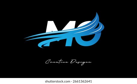 Creative MO Initial Letter Logo with Blue Wave Elements. Modern Creative Branding Design on Black Background