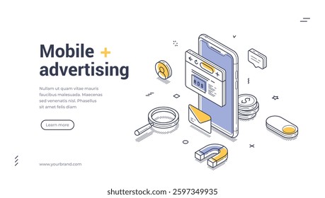 Creative mobile advertising web banner template that features isometric illustrations and line art. This design is ideal for promoting innovative campaigns on digital platforms. Vector illustration