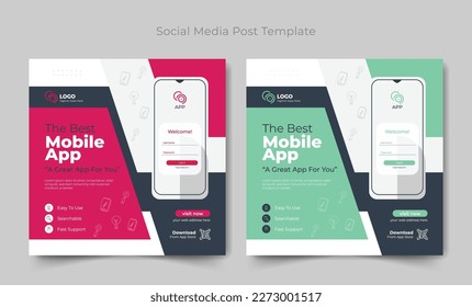 Creative mobile app promotion social media post and web banner template, Editable minimal square Mobile app promotion social media post banner template