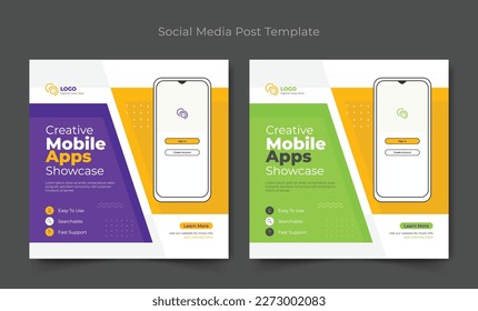 Creative mobile app promotion social media post and web banner template, Editable minimal square Mobile app promotion social media post banner template