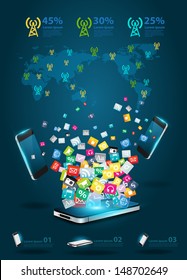 Creative mobile phones cloud of colorful application icon, Business software and social media networking online store service concept, Vector illustration modern template design