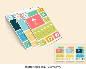 Creative mobile screen presentation with different application and multiple color choice on beige background.