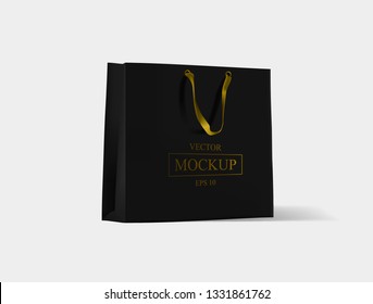 Creative mockup. Shopping bag. Mock-up of blank package, mockup of black paper shopping bag with handles. Vector illustration.