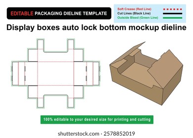 Creative mockup solutions for auto lock bottom display boxes, display boxes, customizable box, Custom box dieline, bottom mockup, dieline template, packaging design, box mockup