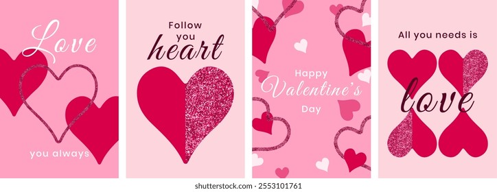 Design abstrato moderno criativo com corações brilhantes e tipografia. Set of Valentines Day, 8 de março cards.Templates para férias, anúncio, banner, cartaz, vendas. Ilustração vetorial