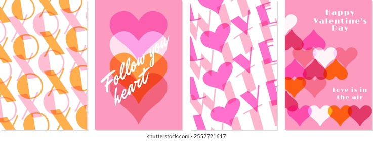  Creative modern abstract design with hearts and typography. Set of Happy Valentines Day, March 8 postcards.Templates for holiday, advertising, banner, poster, sales. Vector illustration