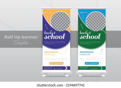 Creative and modern admission education Rollup Banner template or promotional, presentation, print ready, layout, corporate business kids Back to school x standee banner design