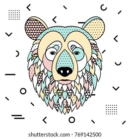Creative modern animal illustration with geometric print. T-Shirt Design & Printing, clothes, bags, posters, invitations, cards, leaflets etc. Vector illustration hand drawn. Bear
