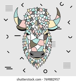 Creative modern animal illustration with geometric print. T-Shirt Design & Printing, clothes, bags, posters, invitations, cards, leaflets etc. Vector illustration hand drawn. Bison