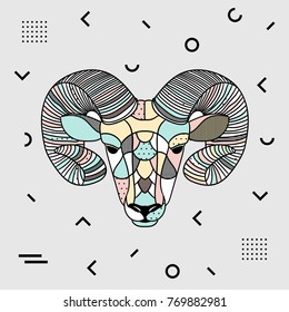 Creative modern animal illustration with geometric print. T-Shirt Design & Printing, clothes, bags, posters, invitations, cards, leaflets etc. Vector illustration hand drawn. Ram