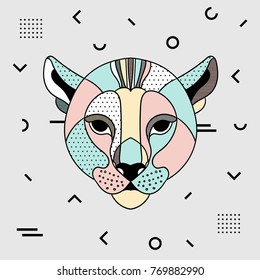 Creative modern animal illustration with geometric print. T-Shirt Design & Printing, clothes, bags, posters, invitations, cards, leaflets etc. Vector illustration hand drawn. Lion mountain