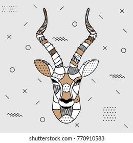 Creative modern animal illustration with geometric print. T-Shirt Design & Printing, clothes, bags, posters, invitations, cards, leaflets etc. Vector illustration hand drawn. Antelope
