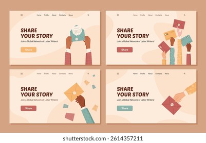 Creative modern banner set of feedback communication. Hands hold mail and envelopes symbolizing sharing opinions and reviews. Customer survey client satisfaction concept for business interaction.