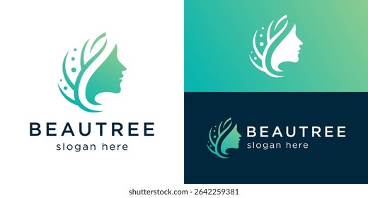Plantilla moderna creativa del logotipo de Beautree. Cara de mujer con hoja de árbol para la Ilustración vectorial de diseño de logotipo de cuidado de las mujeres.