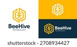 Creative modern bee hive logo template. Honey bee with hexagonal shape Honey comb technology symbol logo design vector illustration.